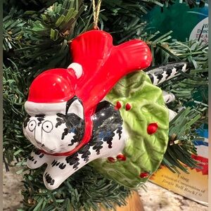 Vintage Kilban cat Christmas ornament jumping through wreath.